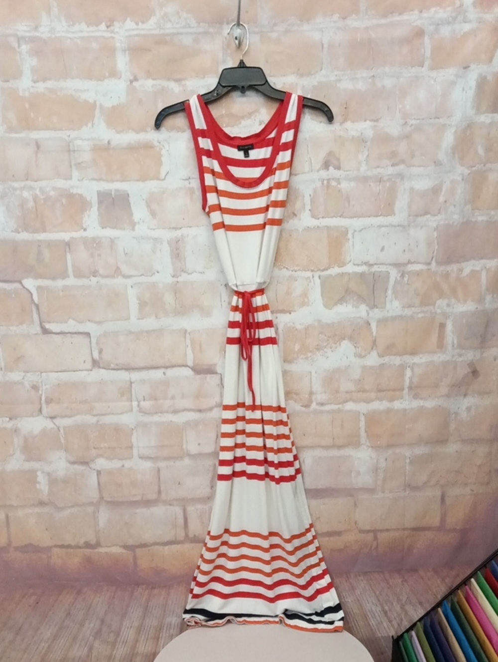 Talbots Red and White Striped Maxi Dress with Waist Tie